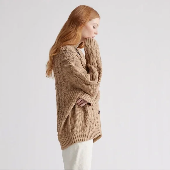 Quince 100% Organic Cotton Oversized Cable Cardigan in Camel women’s size XS - Picture 3 of 9